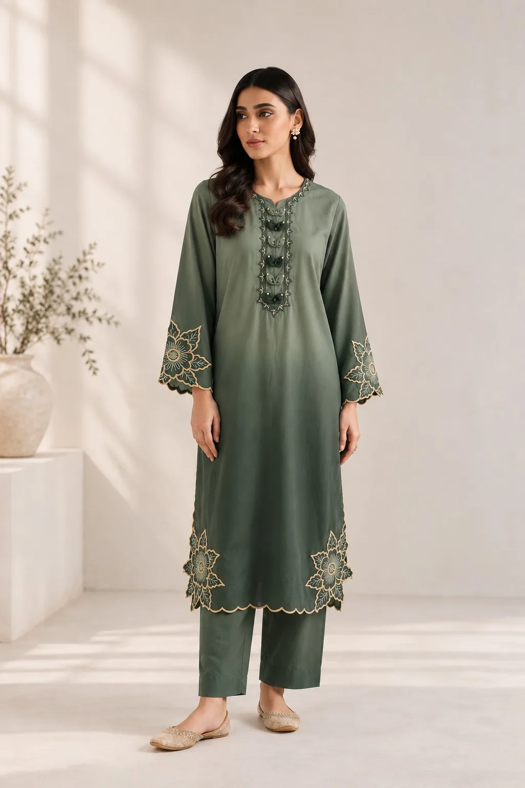 The outfit features an olive green ombre gradient shirt with intricate gold floral embroidery on the scalloped sleeves, neckline, and lower hemline, paired with matching olive green straight-cut trousers