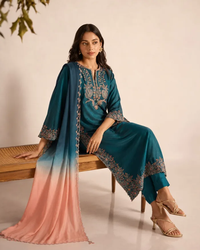 Azure Bloom, indian Cotton silk